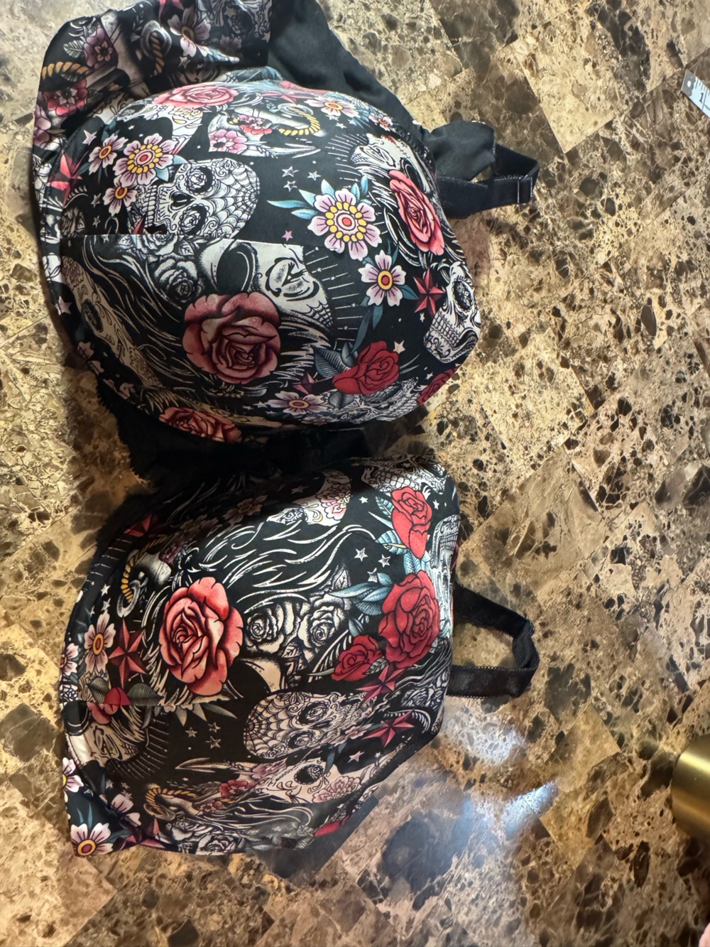 Floral Skull Print Push-Up Bra - Black & Red